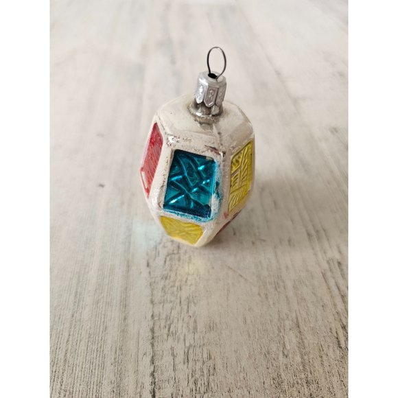 Vintage lantern glass ornament unique blue yellow red mini Xmas tree - Picture 1 of 8